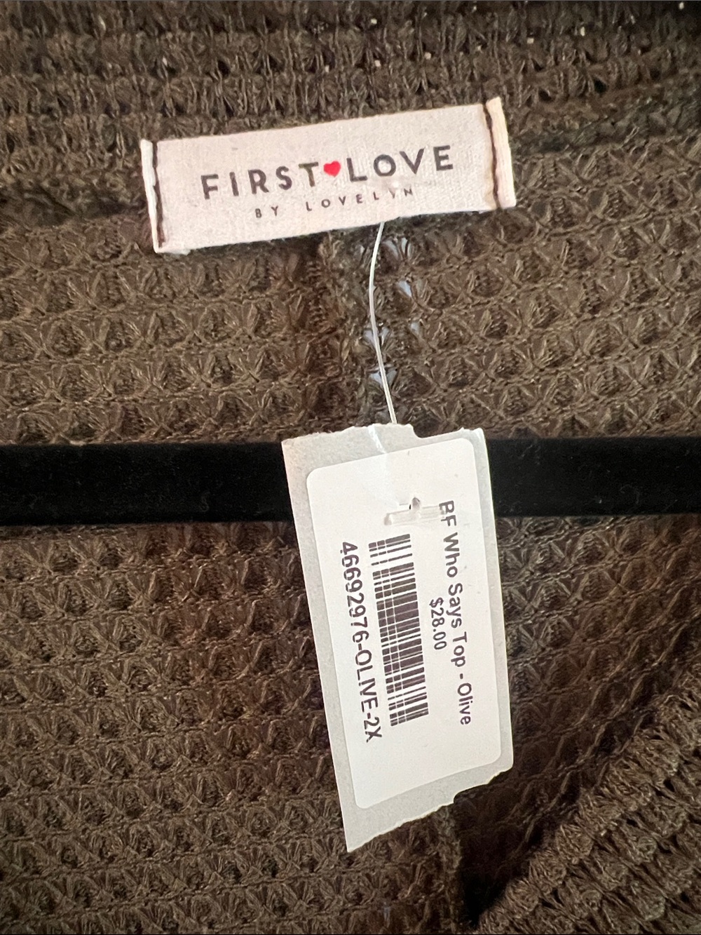 First Love Olive Waffle Knit Henley Top with Button Placket - Picture 2 of 2